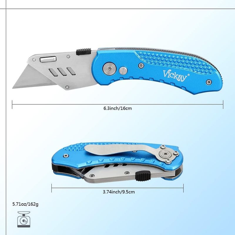 Vickay Folding Utility Knife Heavy Duty Box Cutter with 5 SK5 Quick Change Blades, Safety Axis Lock Design Razor Knife, Lightweight Aluminum Body Belt Clip for Office - Image 3